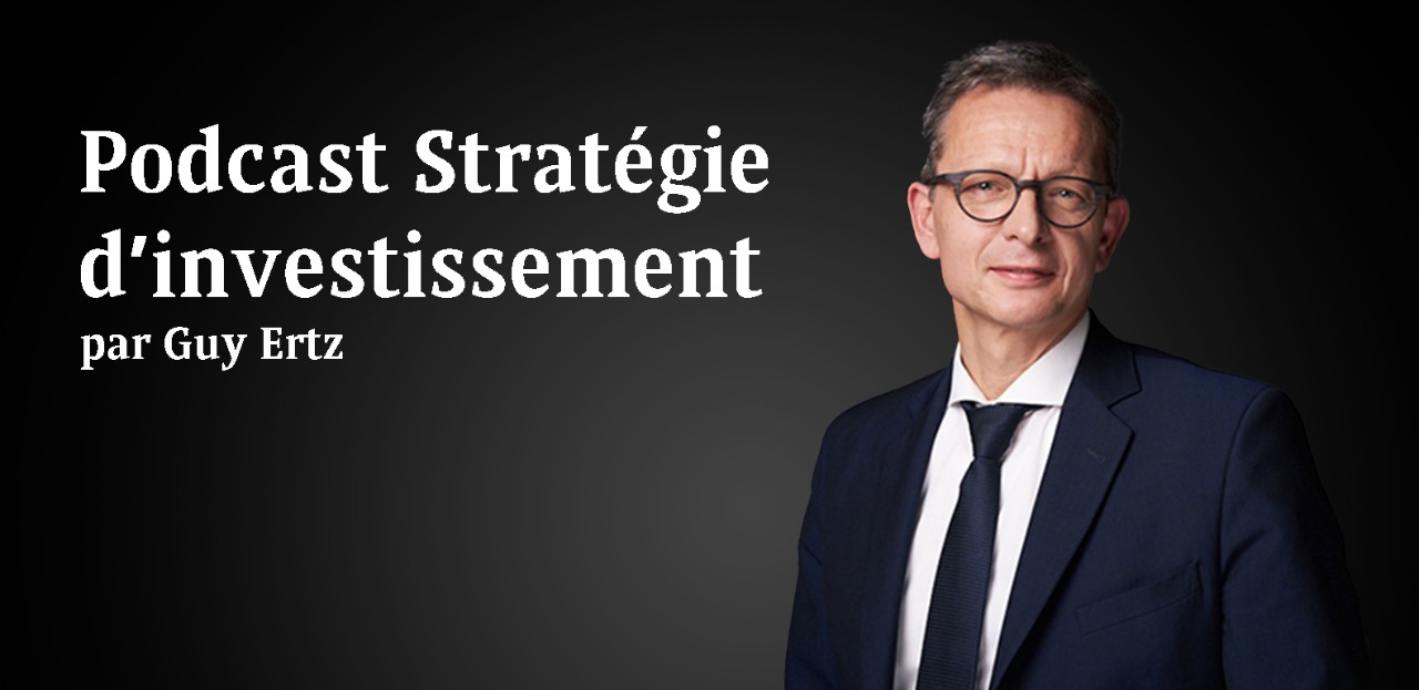 Une image avec un titre de la stratégie d'investissement à gauche et Guy Ertz à droite